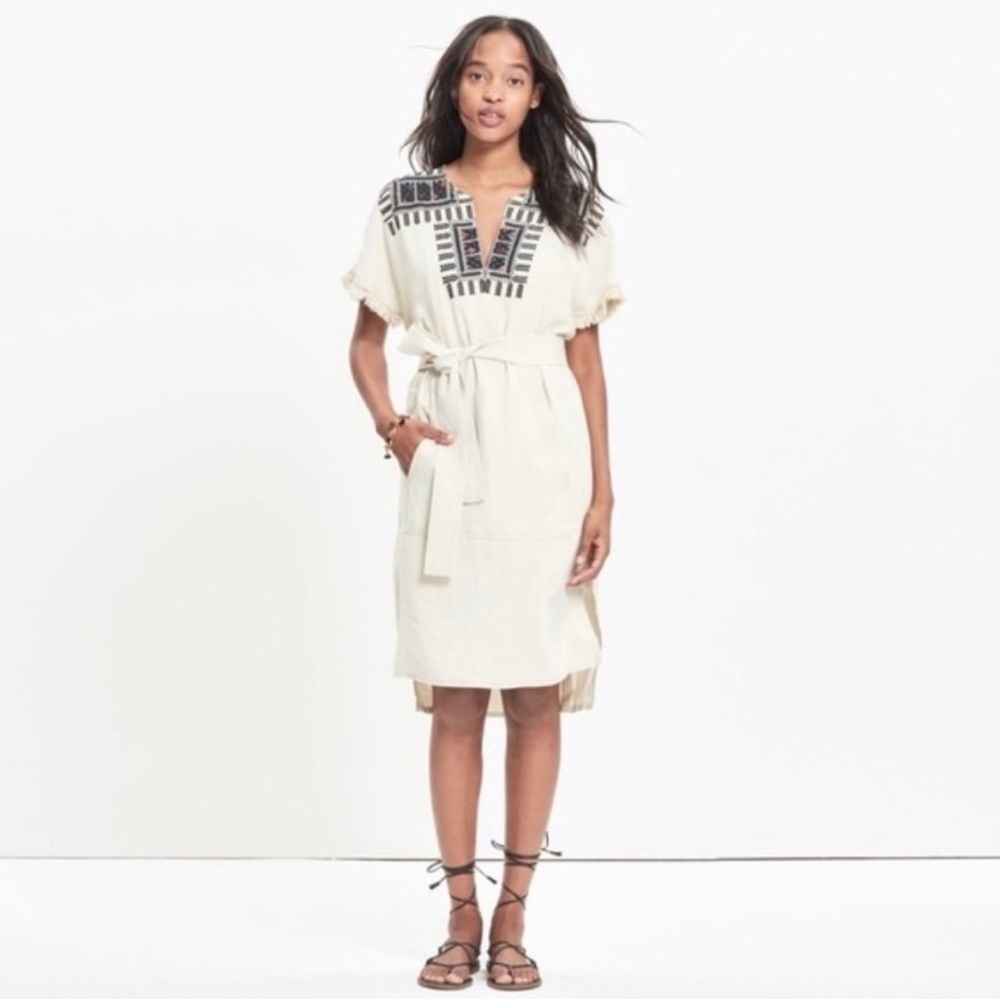 Madewell Cream and Black Embroidered Dress